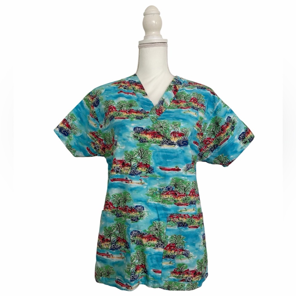 Crest Cottons Tropical Water Scenery Nursing Medical Scrub Top Women's XS